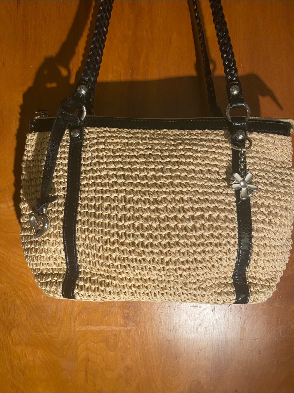 Brighton Beige Woven Shoulder Bag with Black Trim